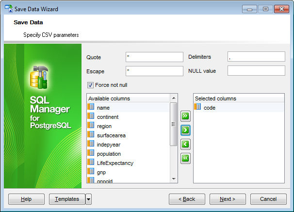 Save Data Wizard - Setting CSV parameters