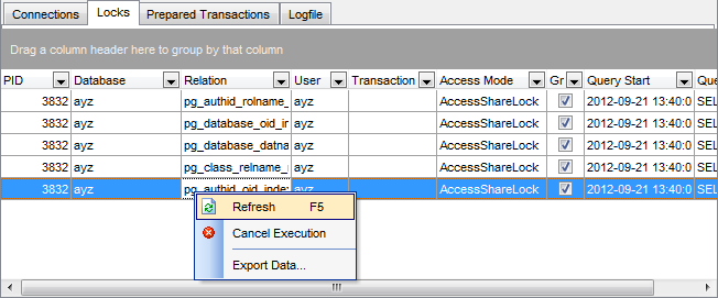 Server Status - Viewing Locks