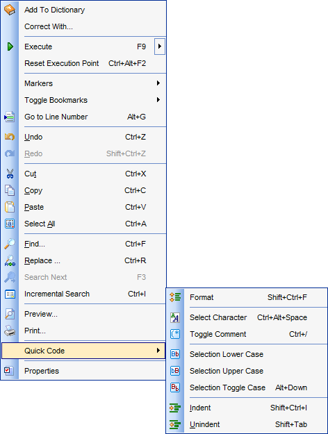 SQL Editor - Using the context menu