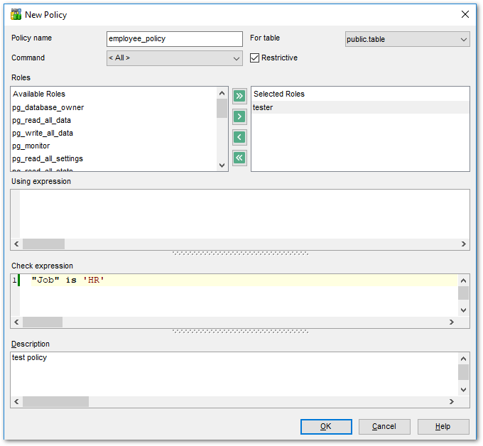 Table Editor - Policy editor