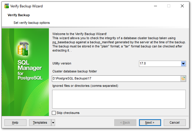 Verify Backup - Setting options