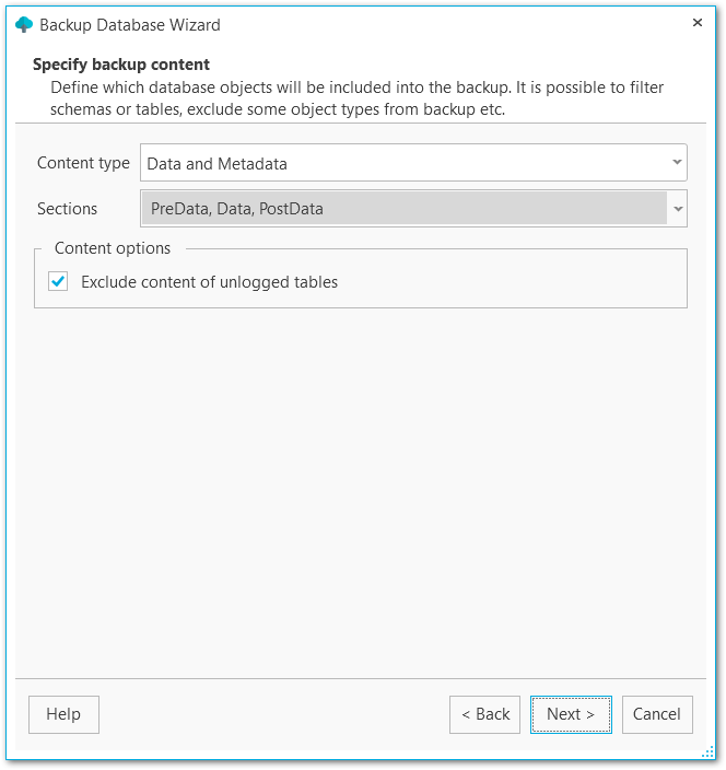 Backup database - Specifying content of backup