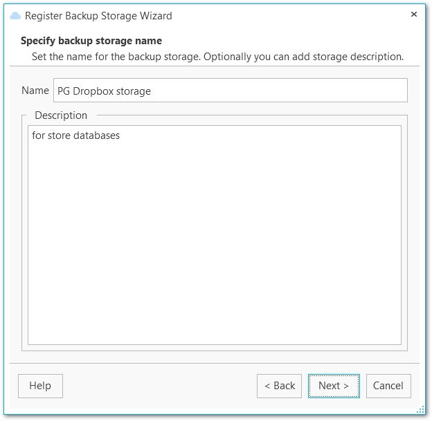 Backup storage wizard - Specifying backup storage name