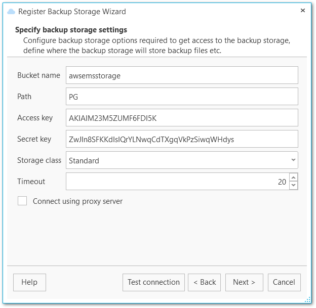 Backup target wizard - Amazon S3 settings