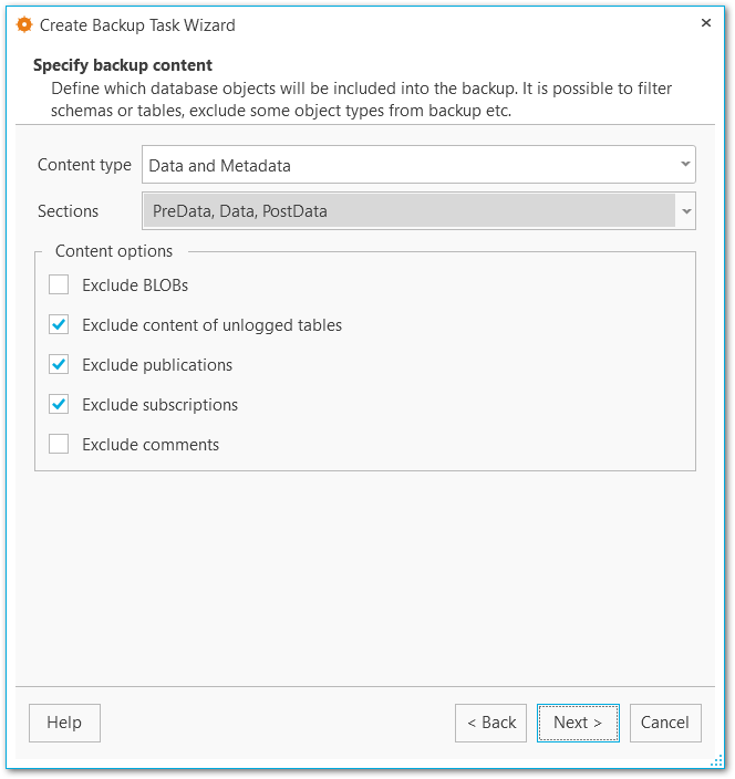 Backup tasks - Specifying backup content