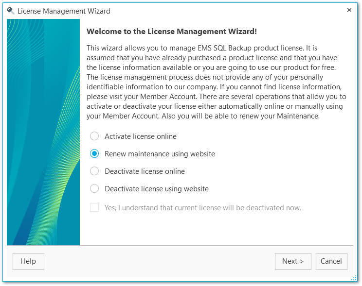 License management wizard - Selecting deactivation method