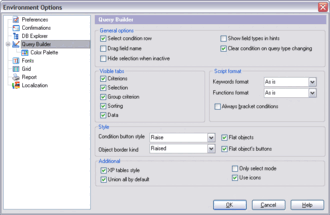 Настройка параметров визуального конструктора запросов