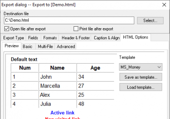 Настройка параметров экспорта данных в HTML